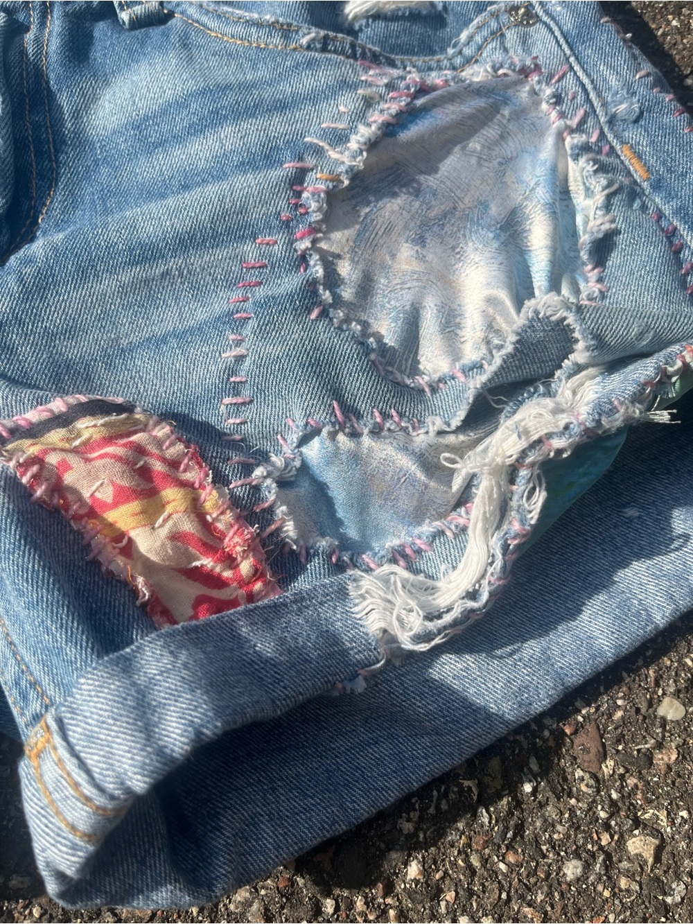 OOAK reworked Distressed Light Blue Denim Women's Shorts with Patchwork - Picture 3 of 7